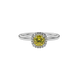 Yellow cushion cut gemstone halo ring with diamond accents in gold
