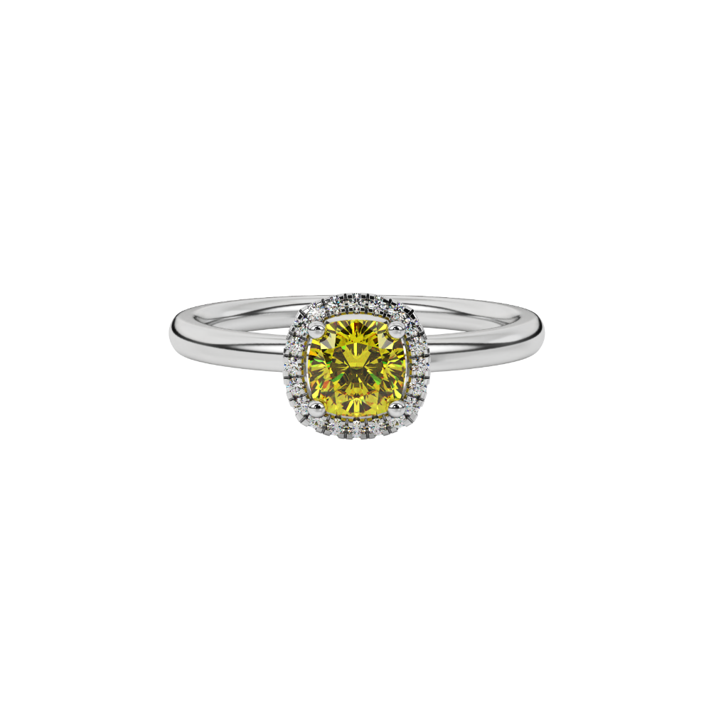 Yellow cushion cut gemstone halo ring with diamond accents in gold