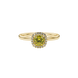 Yellow cushion cut gemstone halo ring with diamond accents in gold