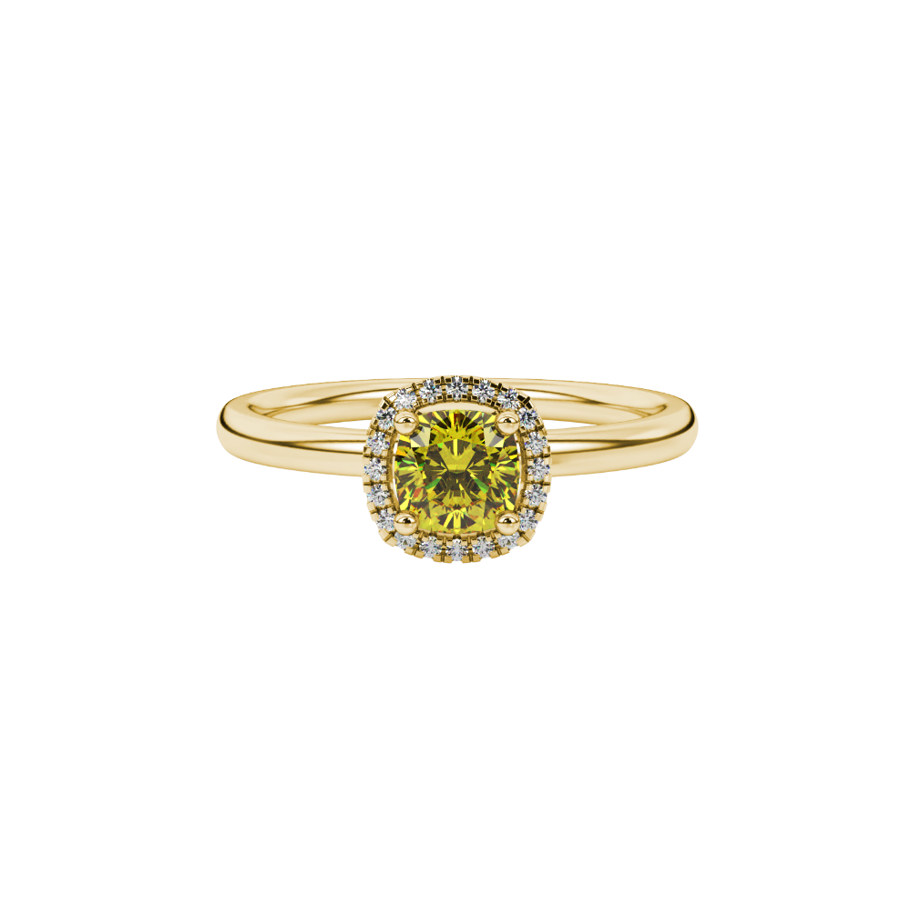 Yellow cushion cut gemstone halo ring with diamond accents in gold
