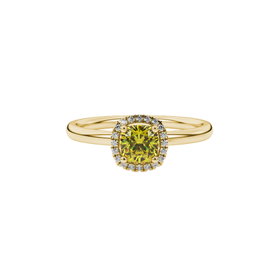 Yellow cushion cut gemstone halo ring with diamond accents in gold