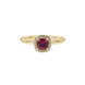 Red cushion cut gemstone halo ring with diamond accents in gold