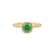 Green cushion cut gemstone halo ring with diamond accents in gold