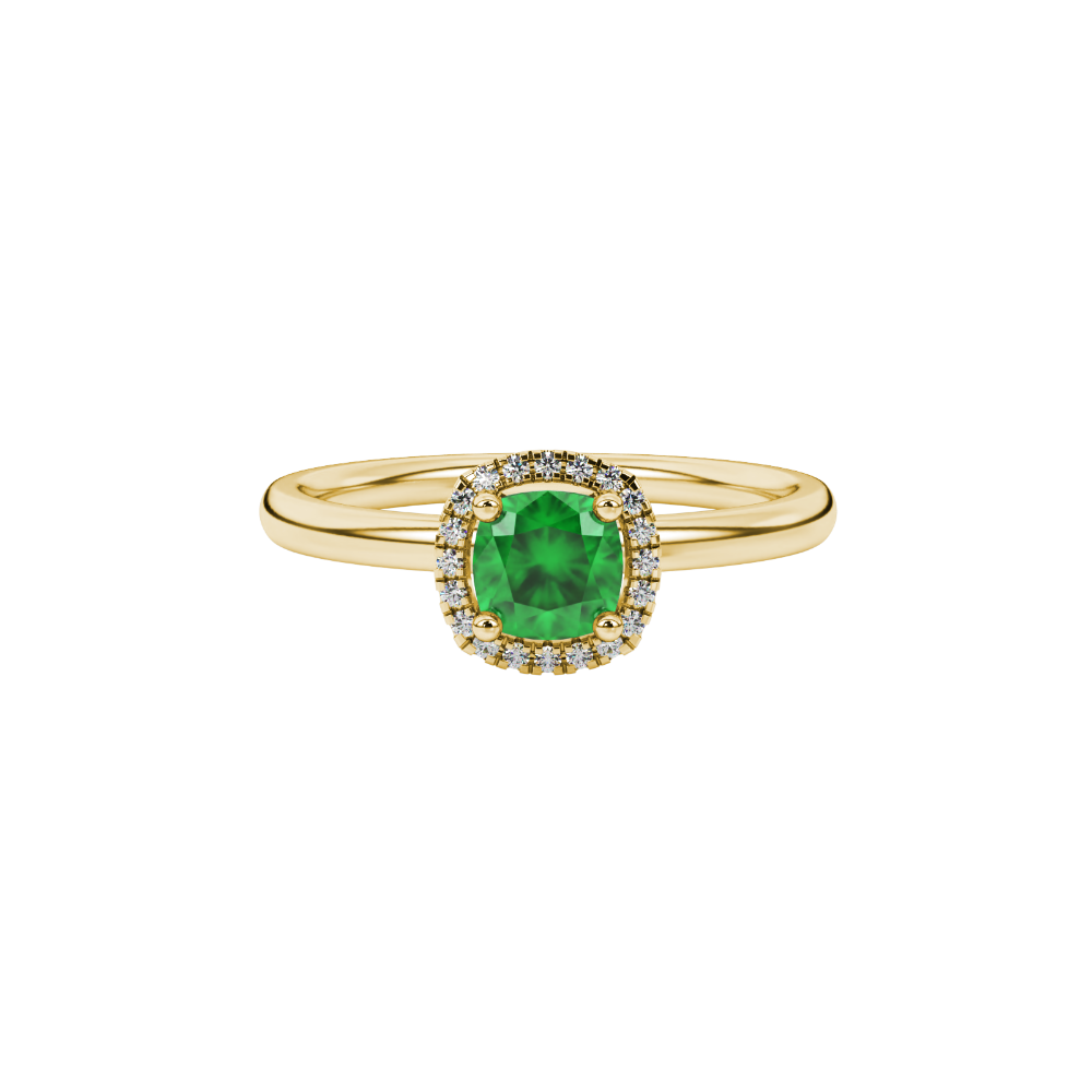 Green cushion cut gemstone halo ring with diamond accents in gold