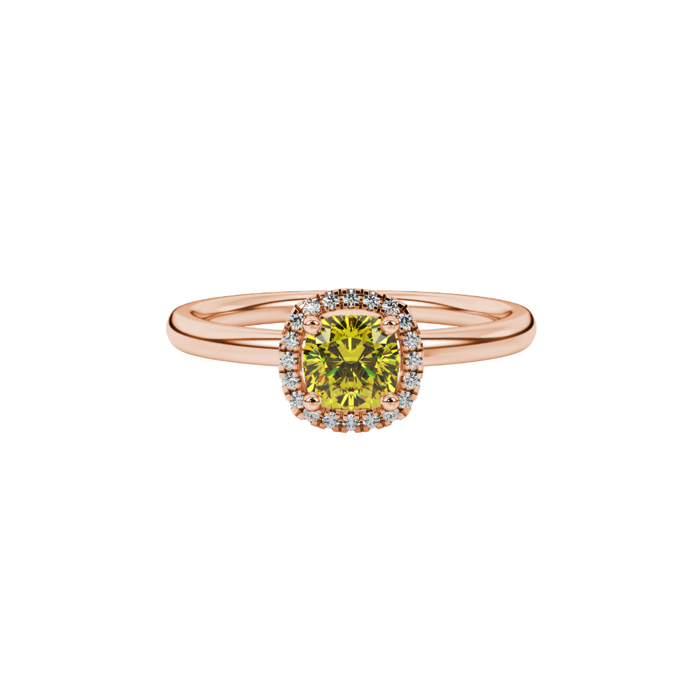 Yellow cushion cut gemstone halo ring with diamond accents in gold
