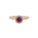 Red cushion cut gemstone halo ring with diamond accents in gold
