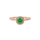 Green cushion cut gemstone halo ring with diamond accents in gold