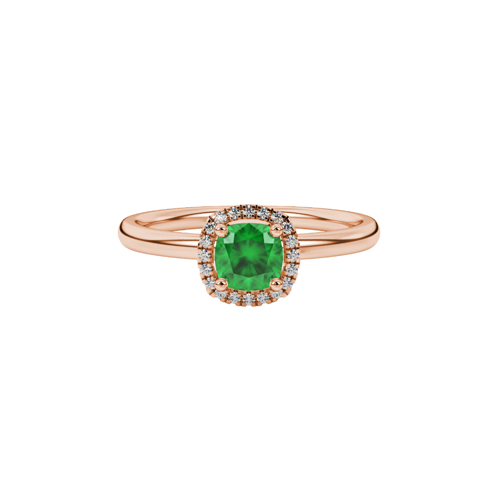 Green cushion cut gemstone halo ring with diamond accents in gold