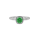Green cushion cut gemstone halo ring with diamond accents in gold