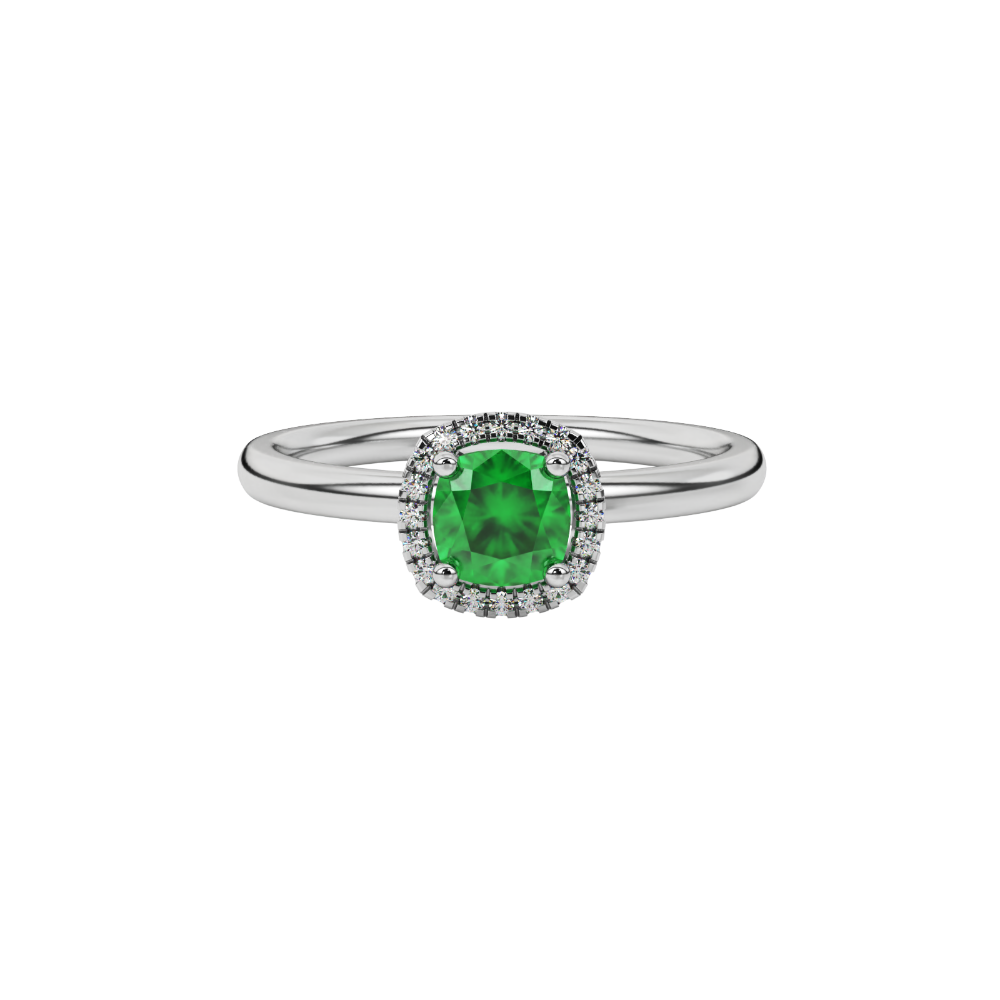 Green cushion cut gemstone halo ring with diamond accents in gold