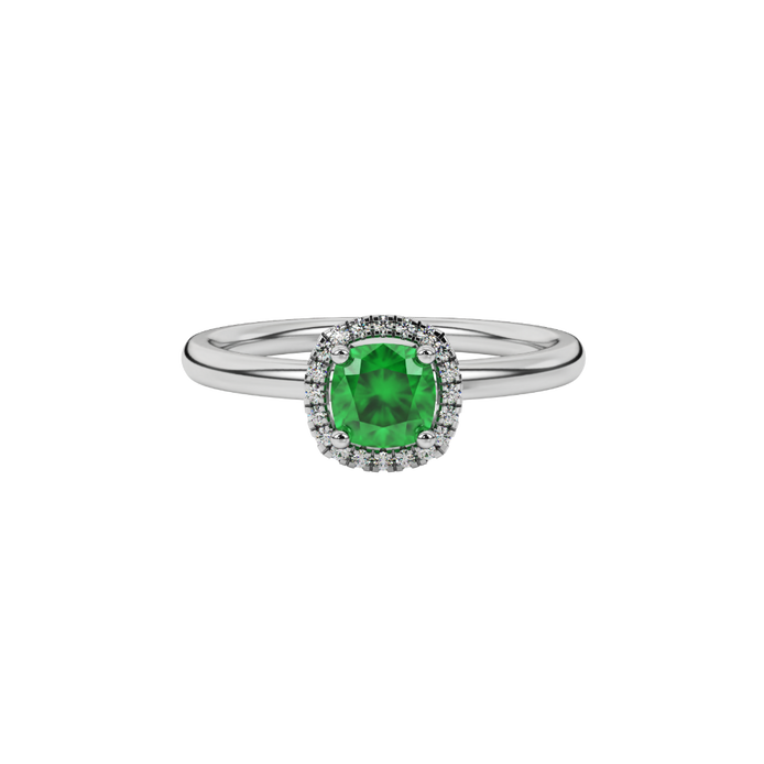 Green cushion cut gemstone halo ring with diamond accents in gold