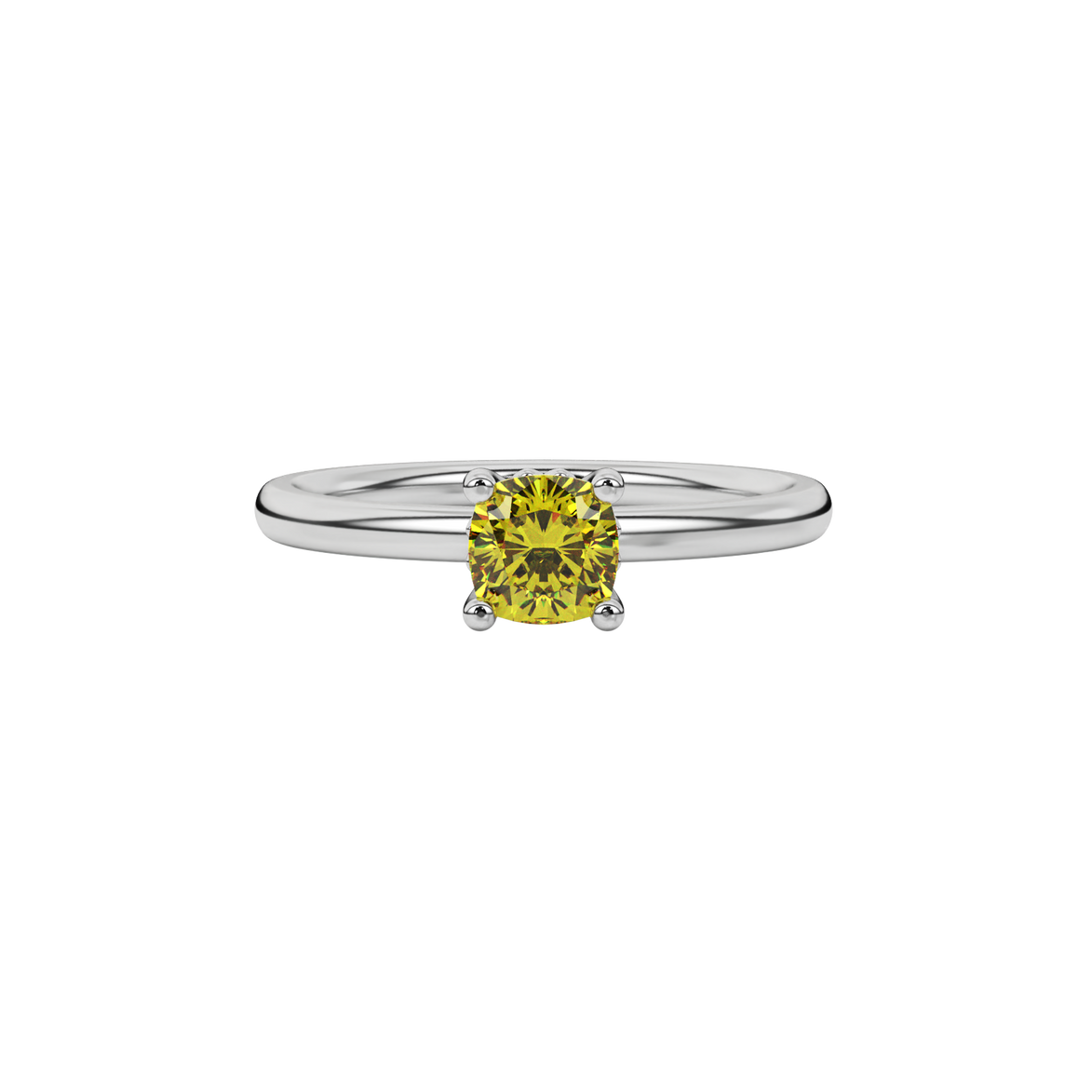 Yellow cushion cut solitaire gemstone ring in rose gold with classic four prong setting