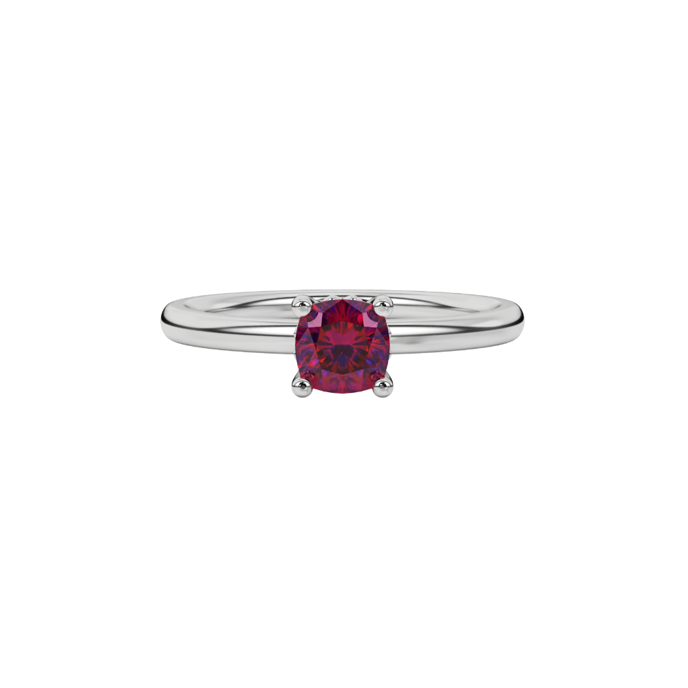 Red cushion cut solitaire gemstone ring in rose gold with classic four prong setting
