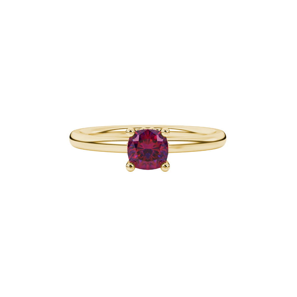 Red cushion cut solitaire gemstone ring in rose gold with classic four prong setting