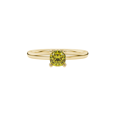 Yellow cushion cut solitaire gemstone ring in rose gold with classic four prong setting