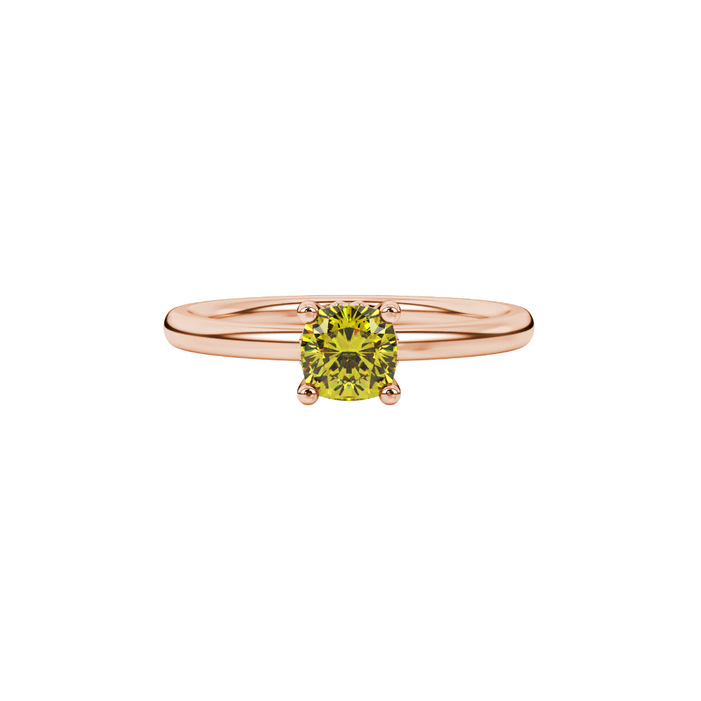 Yellow cushion cut solitaire gemstone ring in rose gold with classic four prong setting
