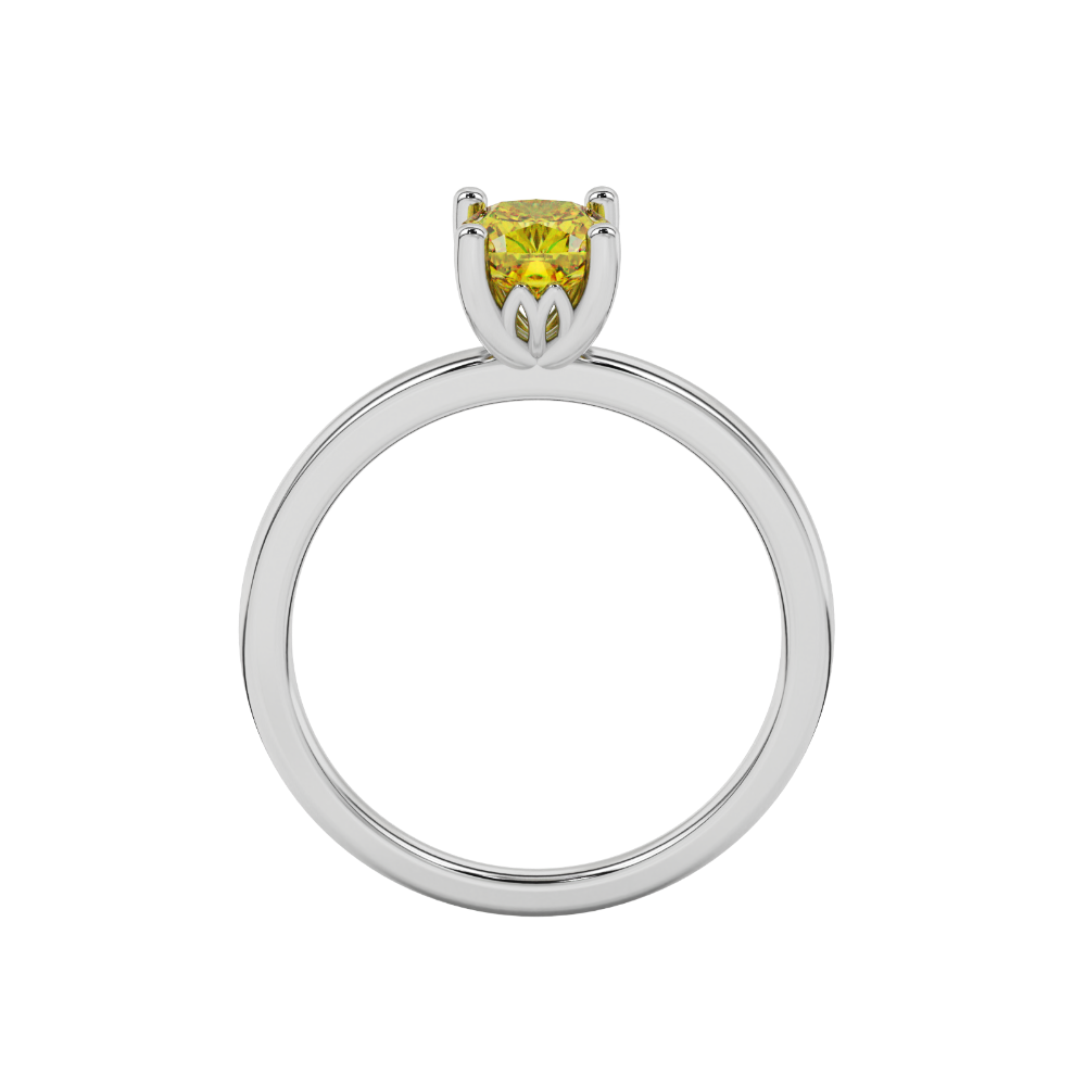 Yellow cushion cut solitaire gemstone ring in rose gold with classic four prong setting