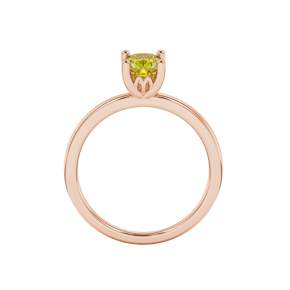 Yellow cushion cut solitaire gemstone ring in rose gold with classic four prong setting