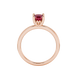 Red cushion cut solitaire gemstone ring in rose gold with classic four prong setting
