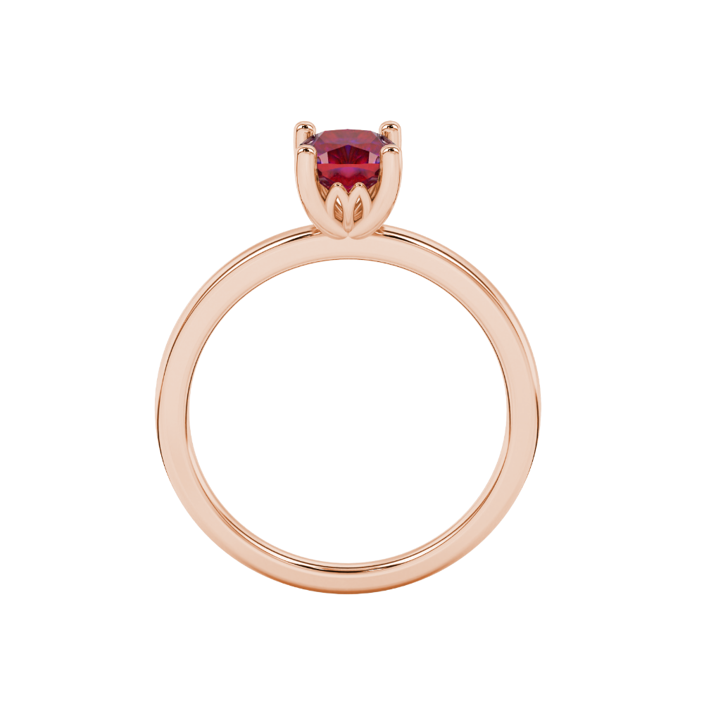 Red cushion cut solitaire gemstone ring in rose gold with classic four prong setting