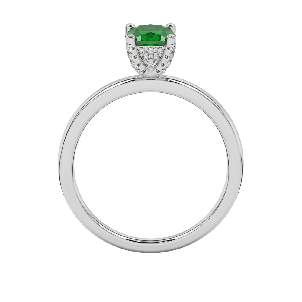 Green cushion cut gemstone ring with diamond gallery detailing in yellow gold