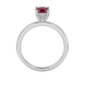 Red cushion cut gemstone ring with diamond gallery detailing in white gold