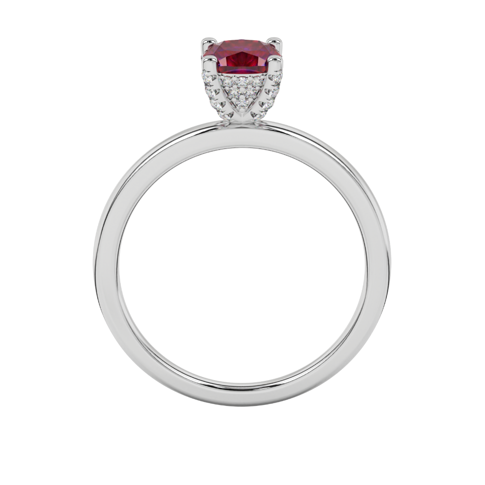 Red cushion cut gemstone ring with diamond gallery detailing in white gold