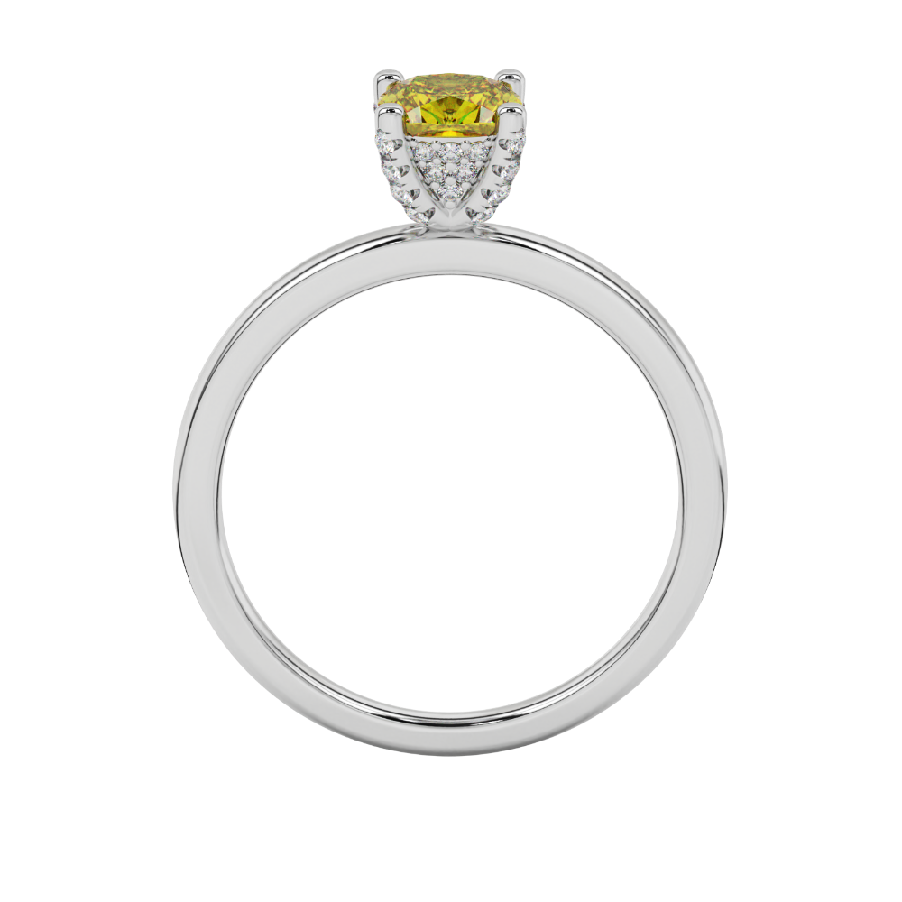 Yellow cushion cut gemstone ring with diamond gallery detailing in yellow gold