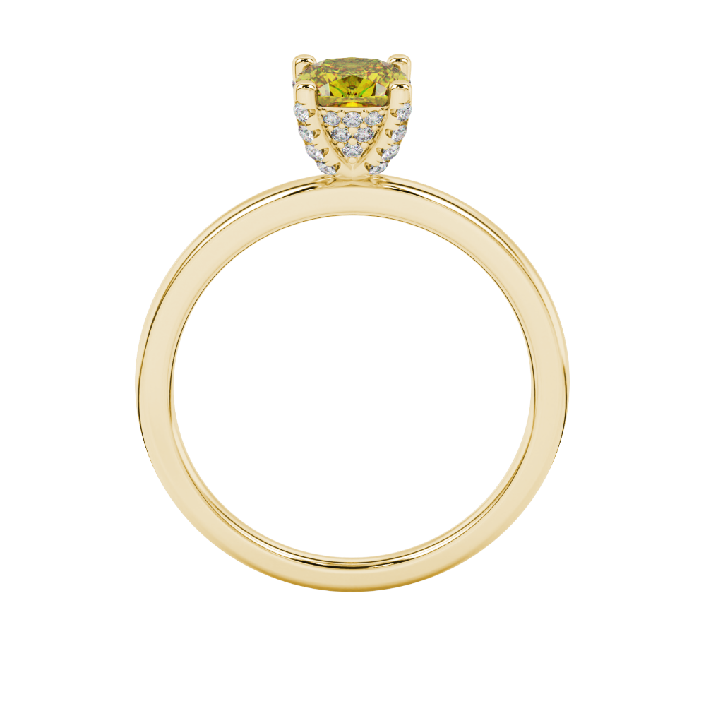 Yellow cushion cut gemstone ring with diamond gallery detailing in yellow gold