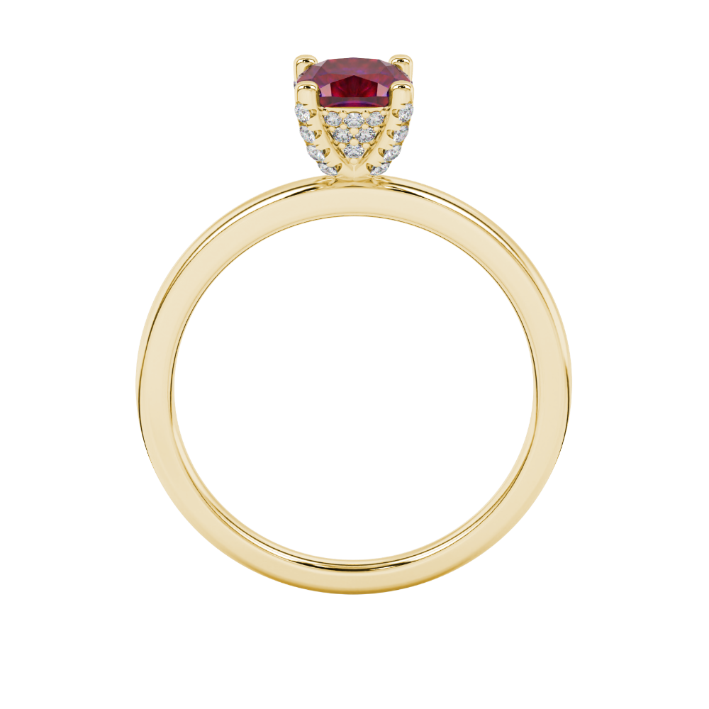 Red cushion cut gemstone ring with diamond gallery detailing in white gold