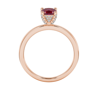 raspberry red gemstone pave basket ring in rose gold