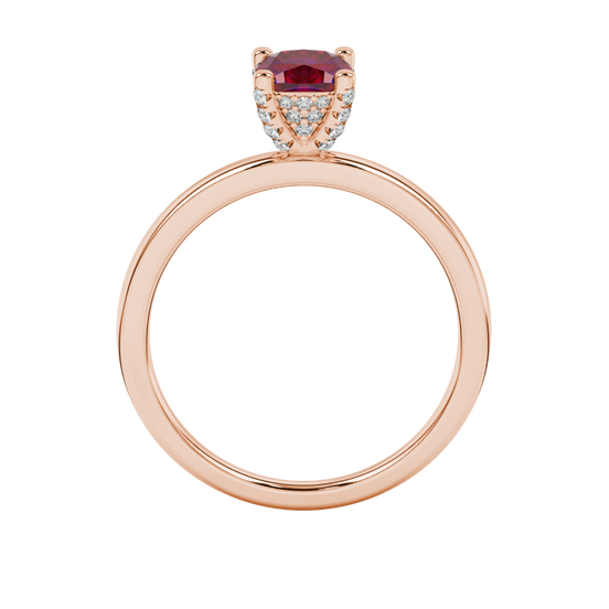 raspberry red gemstone pave basket ring in rose gold
