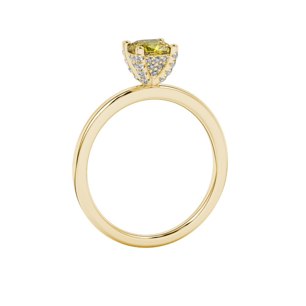 Yellow cushion cut gemstone ring with diamond gallery detailing in yellow gold