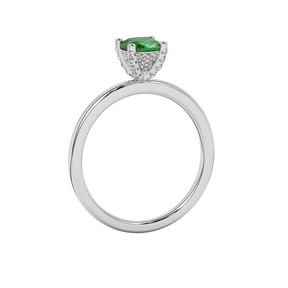 Green cushion cut gemstone ring with diamond gallery detailing in yellow gold