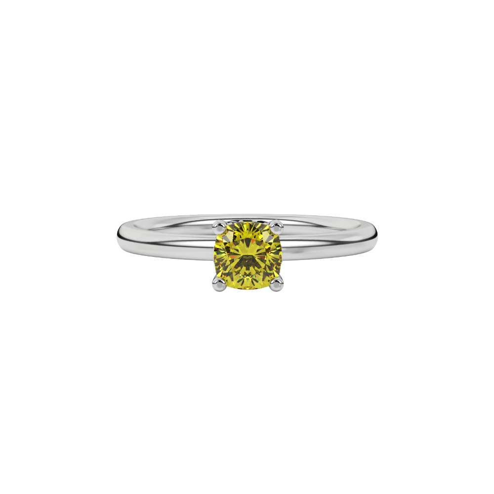 Yellow cushion cut gemstone ring with diamond gallery detailing in yellow gold
