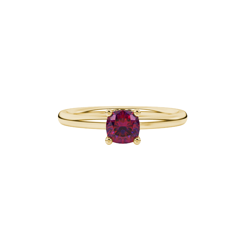 Red cushion cut gemstone ring with diamond gallery detailing in white gold