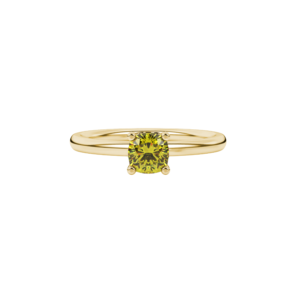 Yellow cushion cut gemstone ring with diamond gallery detailing in yellow gold
