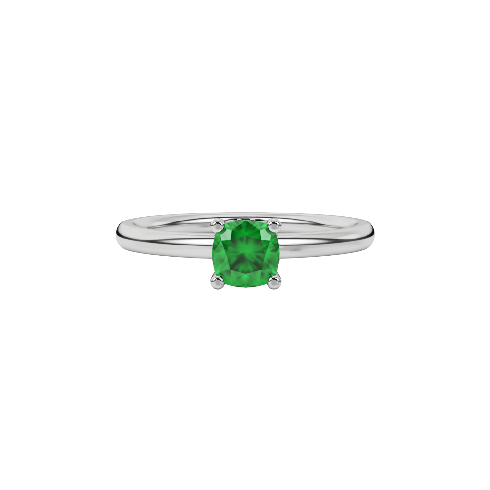Green cushion cut gemstone ring with diamond gallery detailing in yellow gold