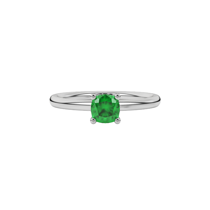 Green cushion cut gemstone ring with diamond gallery detailing in yellow gold