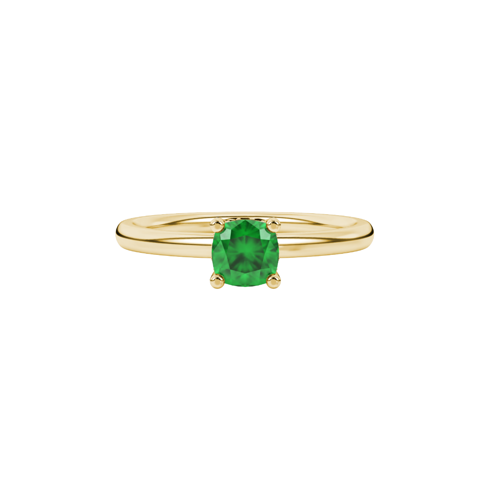 Green cushion cut gemstone ring with diamond gallery detailing in yellow gold