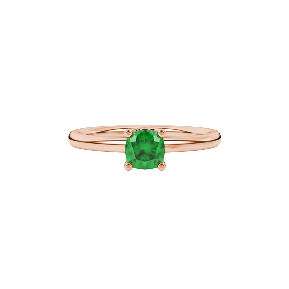 Green cushion cut gemstone ring with diamond gallery detailing in yellow gold