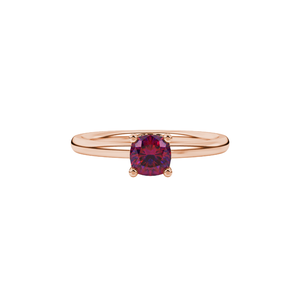 Red cushion cut gemstone ring with diamond gallery detailing in white gold
