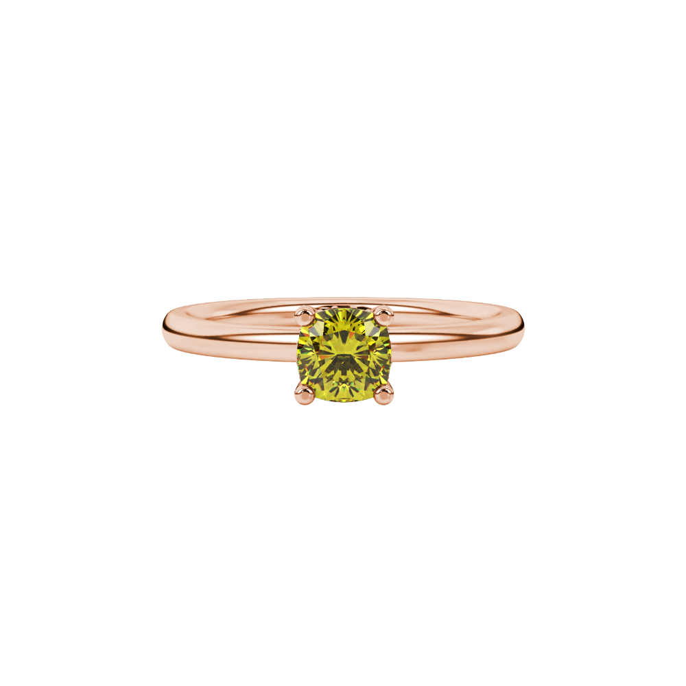 Yellow cushion cut gemstone ring with diamond gallery detailing in yellow gold