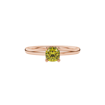 Yellow cushion cut gemstone ring with diamond gallery detailing in yellow gold