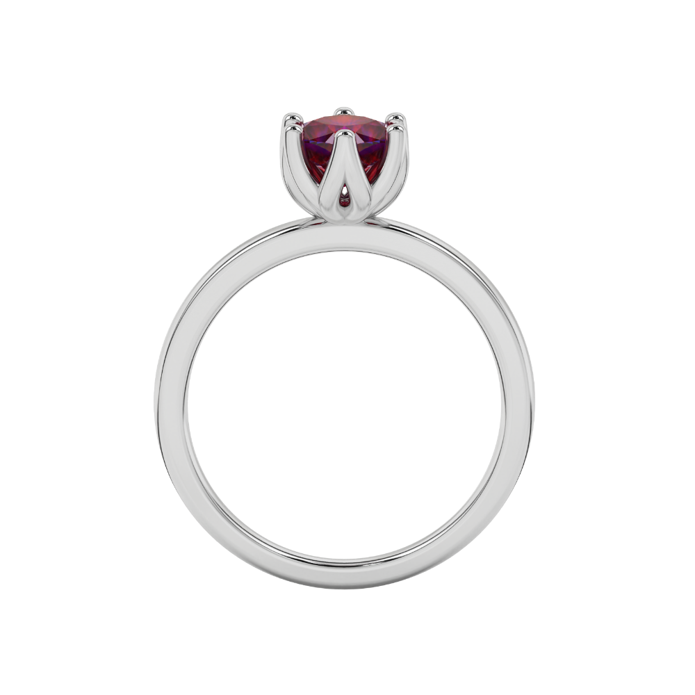 Red cushion cut floral solitaire ring in rose gold with six prong flower setting
