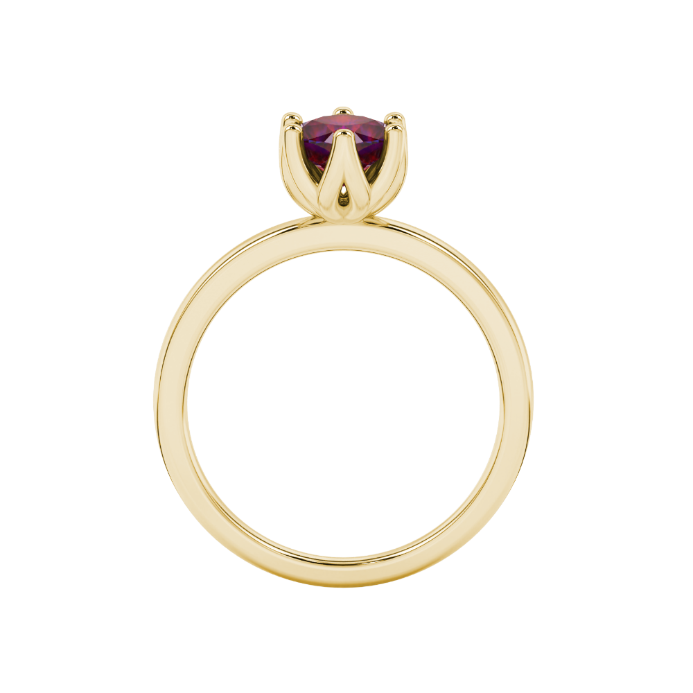 Red cushion cut floral solitaire ring in rose gold with six prong flower setting
