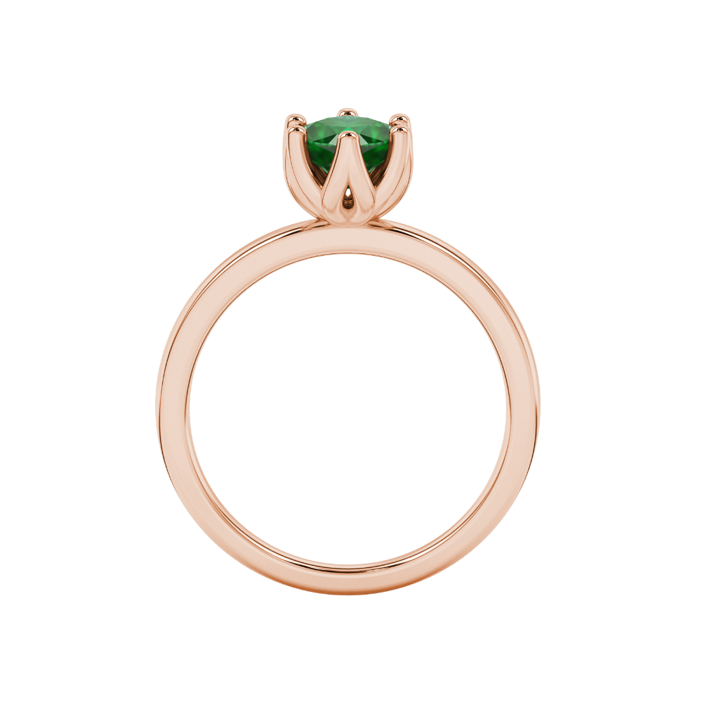 Green cushion cut floral solitaire ring in rose gold with six prong flower setting