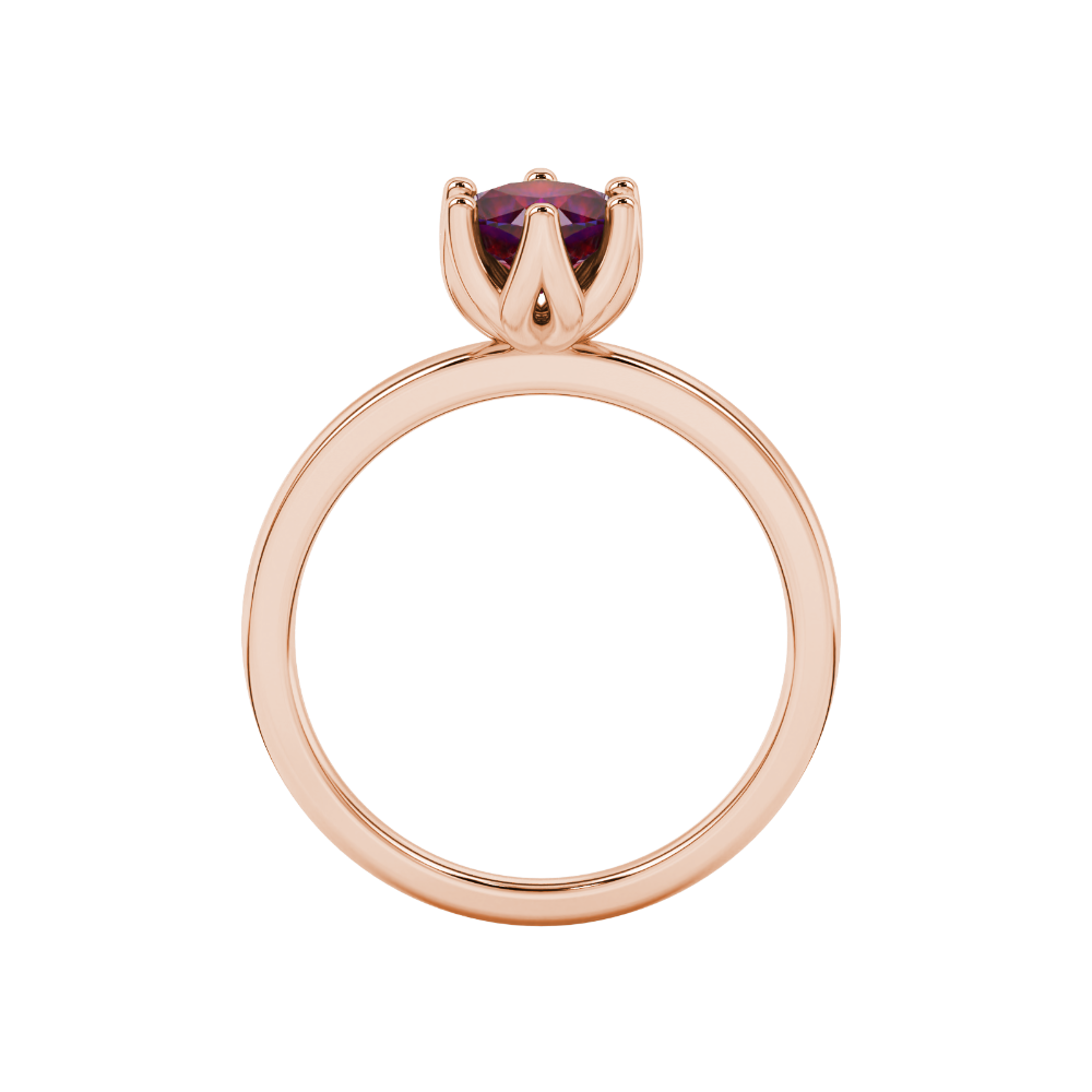 Red cushion cut floral solitaire ring in rose gold with six prong flower setting