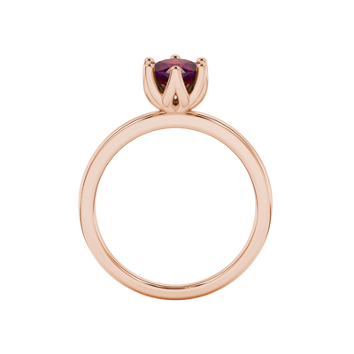 Red cushion cut floral solitaire ring in rose gold with six prong flower setting