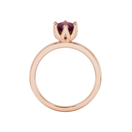 Red cushion cut floral solitaire ring in rose gold with six prong flower setting